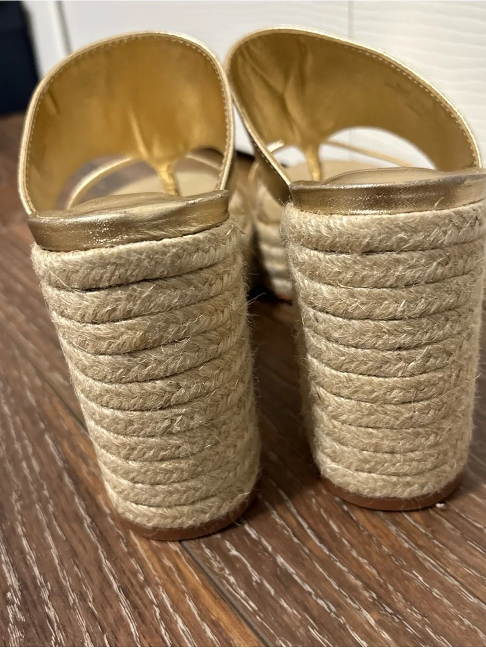 Bernardo Metallic Gold Espadrille Platform Thong Heels